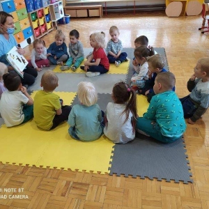 pokaż obrazek - W sali przedszkolnej na szarych i żółtych matach w kształcie prostokątów siedzą w kole przedszkolaki wpatrujące się w książkę, którą trzyma kobieta w niebieskiej bluzce. Za plecami kobiety kolorowe mebelki dla dzieci.